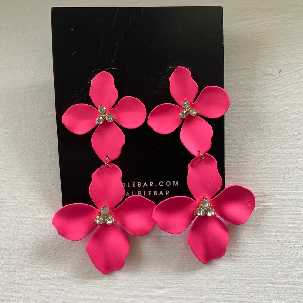 NWOT Baublebar  Bright Pink Flower Statement Earrings with Rhinestones Centers